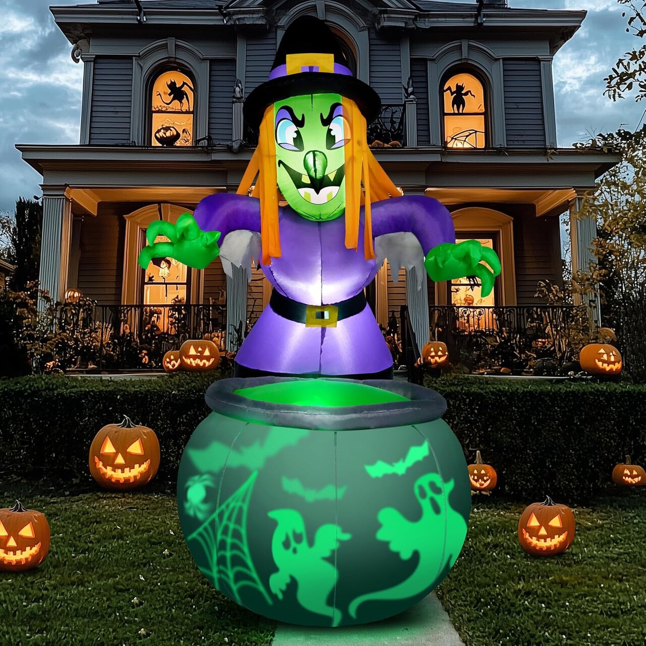 Halloween Inflatable Witch and Cauldron Decoration with Projecting Rotating Green Ghost Light,